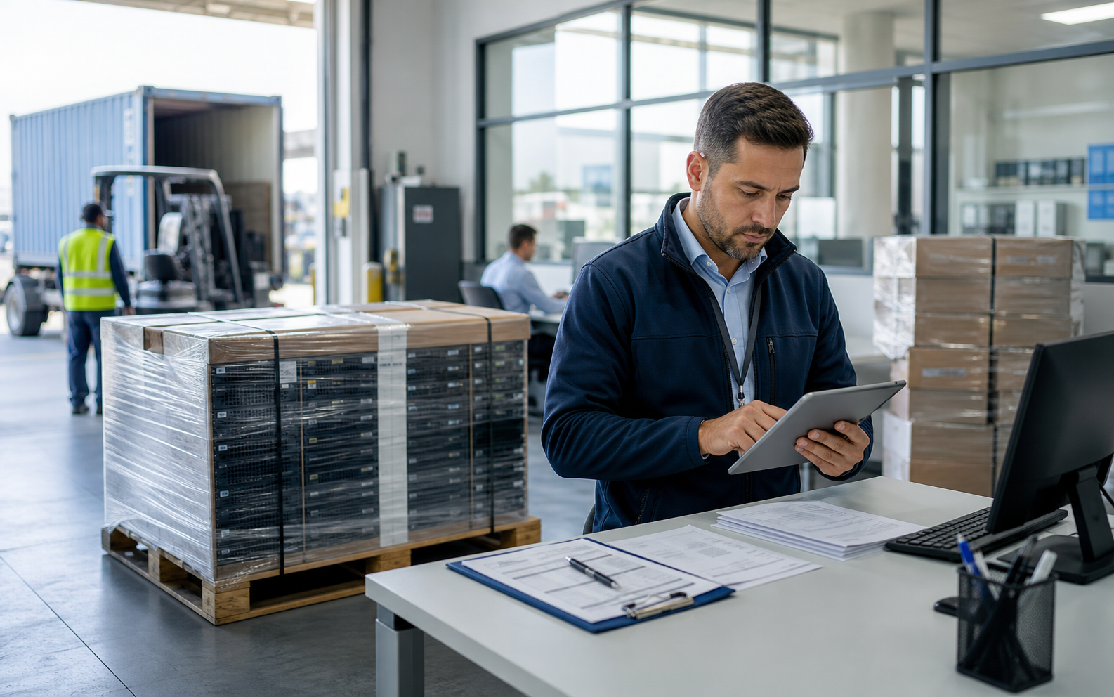 Customs specialist reviewing technology shipment documentation in a logistics facility